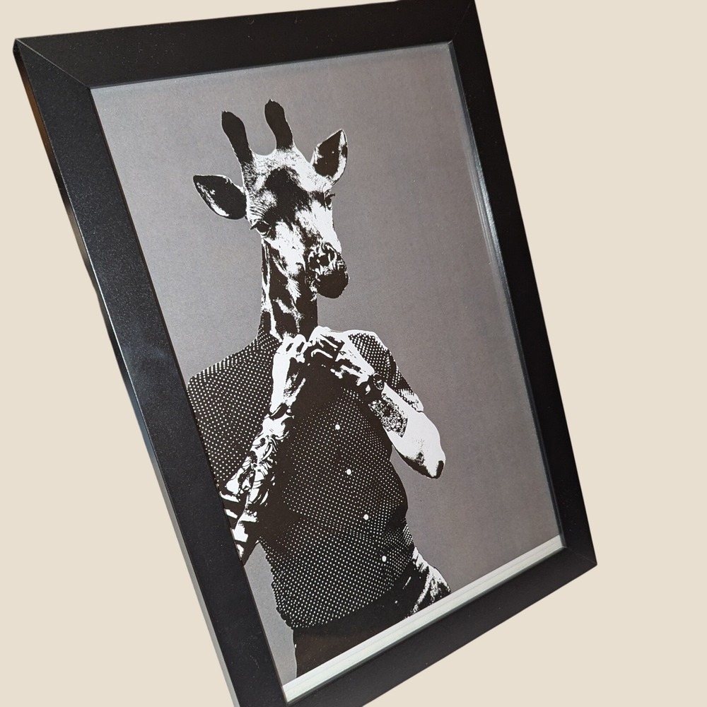 Tattooed Giraffe Art Print Framed Black White Modern Whimsical Home Decor 10x14